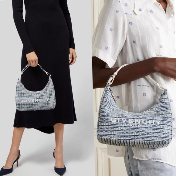 Givenchy 4G Logo Small Moon Cut Out Hobo Tote Handbag Denim Blue Shoulder Purse - Picture 1 of 17